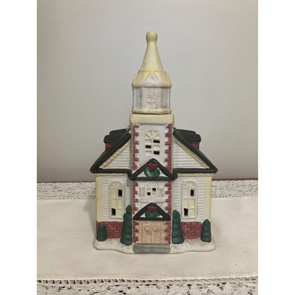 Vintage Ceramic Christmas Church, White Red Green Steeple, Village Display Piece